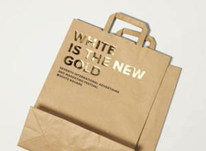 brown paper bag with gold foil writing