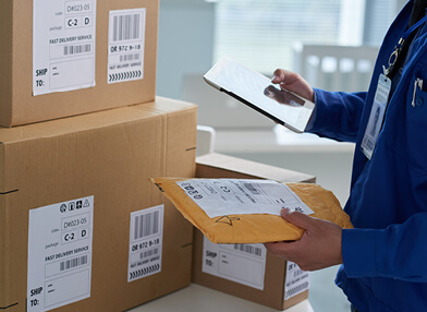 Mailing service staff barcoding packages